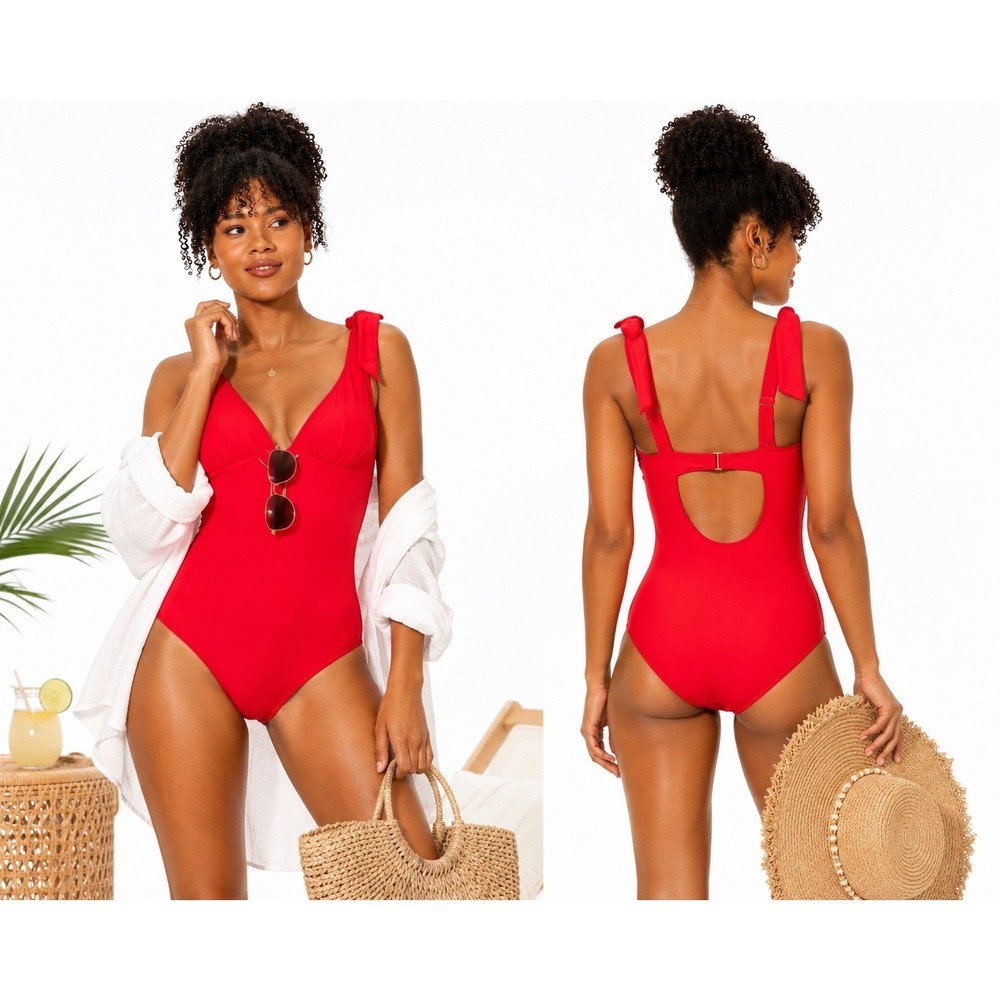 Shade & Shore Shoulder Tie One Piece Swimsuit Red M NWT
